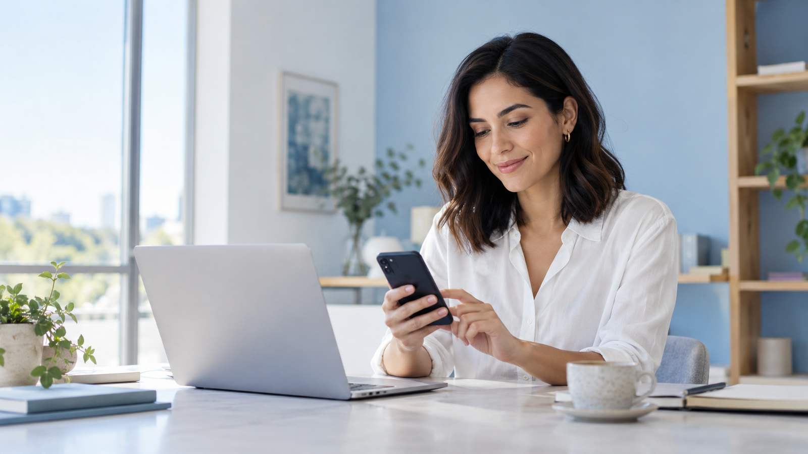 Profesionista consultando su celular en un espacio de trabajo